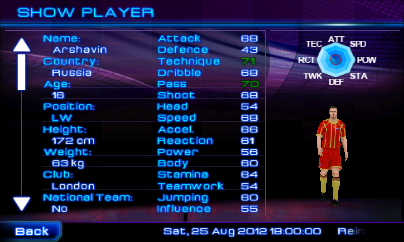 Real Soccer 2011 (Android) screenshot: Player info