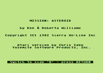 Hi-Res Adventure #0: Mission Asteroid (Atari 8-bit) screenshot: Title screen 2 (second release)