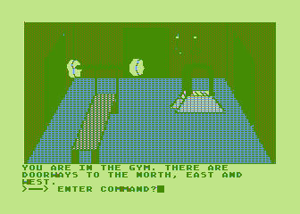 Hi-Res Adventure #0: Mission Asteroid (Atari 8-bit) screenshot: There's a weight room here so you can work out before the mission