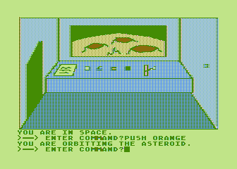 Hi-Res Adventure #0: Mission Asteroid (Atari 8-bit) screenshot: Control room; approaching the asteroid