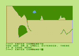 Hi-Res Adventure #0: Mission Asteroid (Atari 8-bit) screenshot: On the asteroid; there's a cave here!