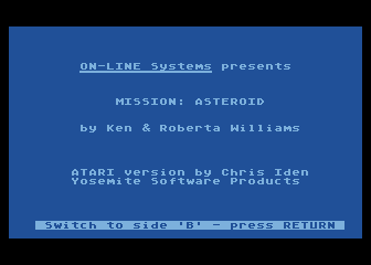Hi-Res Adventure #0: Mission Asteroid (Atari 8-bit) screenshot: Title screen (first release)