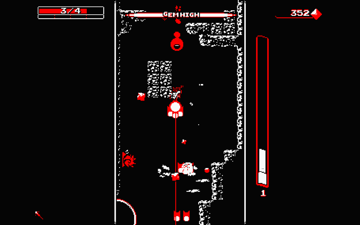 Downwell (Windows) screenshot: Some enemies will chase you all the way down if you ignore them.
