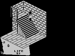 Fairlight (ZX Spectrum) screenshot: This guard can be defeated with help of potion.