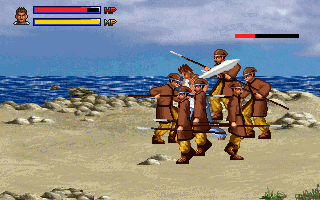 The Soul (DOS) screenshot: Beaches are the preferred locations for gang-style beatdowns in this game.