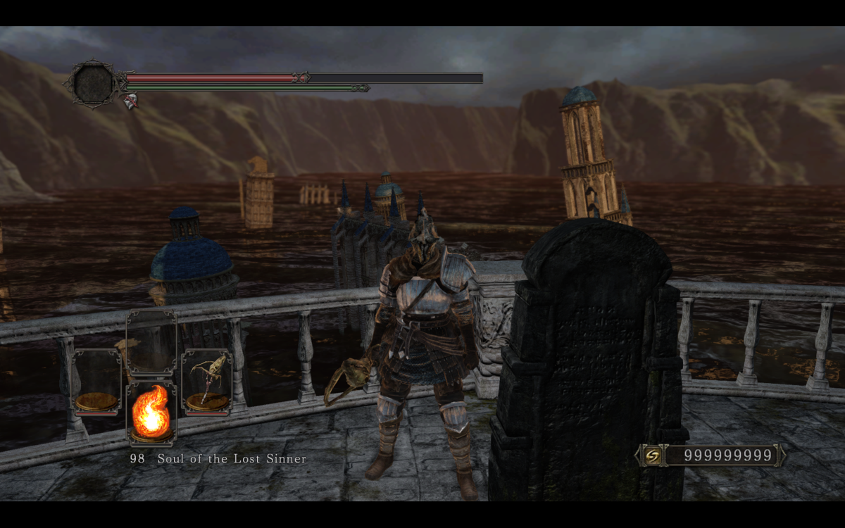 Dark Souls II (Windows) screenshot: Posing in front of a sunken city, clad in more traditional garb, reading plaques and all that. Just chillin', basically