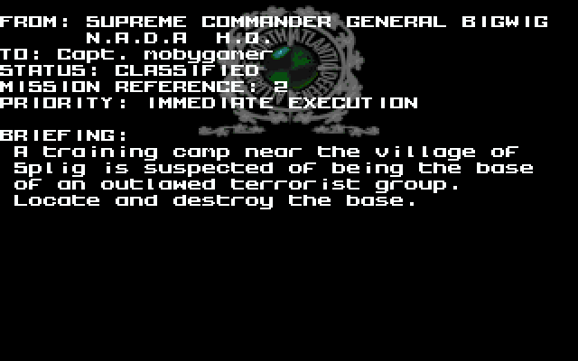 Airstrike (DOS) screenshot: Mission 2: terrorist training camp eradication.