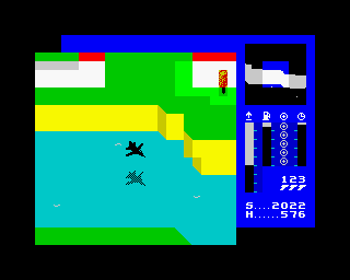 TLL: Tornado Low Level (ZX Spectrum) screenshot: Targets start to appear on water, increasing the difficulty of the game.