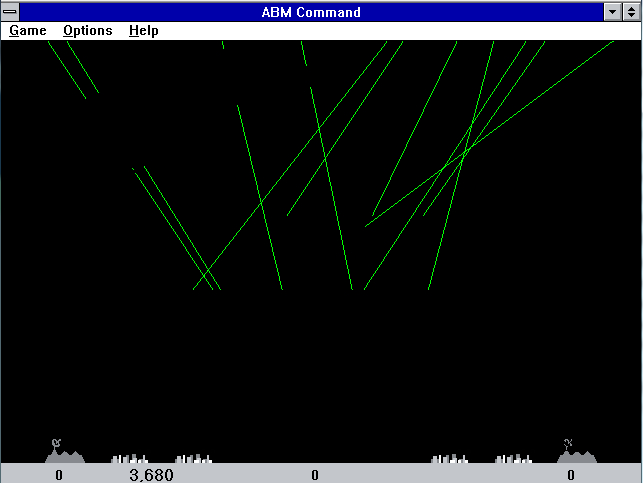 ABM Command (Windows 3.x) screenshot: As the game progresses the player can run out of missiles