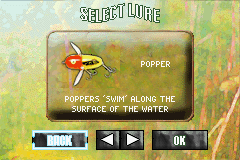 Monster! Bass Fishing (Game Boy Advance) screenshot: If the fish aren't biting, try a different lure