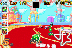 Mario Kart: Super Circuit (Game Boy Advance) screenshot: Powersliding around a corner for a speed boost at Ribbon Road.