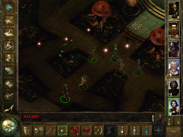 Icewind Dale (Windows) screenshot: A pretty, colorful fight against overgrown fungi. The shiny dots is actually my Magic Missile spell in progress