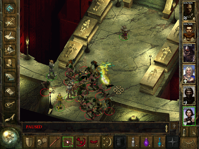 Icewind Dale (Windows) screenshot: Attacked by an obscene amount of undead. Check out the nifty spell effects
