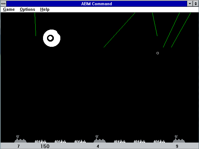 ABM Command (Windows 3.x) screenshot: A game in progress<br>There's a choice of explosions, they can either be filled in or not filled in