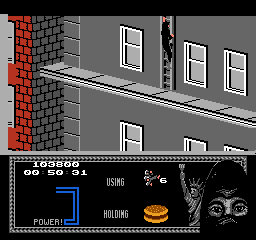 Last Ninja 2: Back with a Vengeance (NES) screenshot: Level 4, "The Office": Climbing to the roof.<br> A last thug awaits you at the end of this ladder.