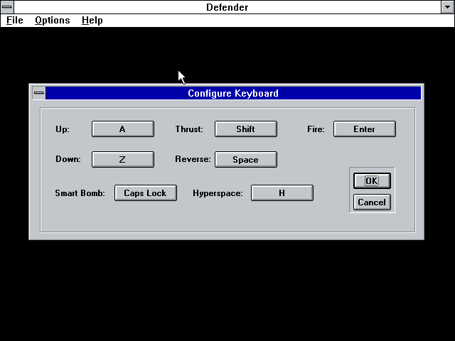 Defender (Windows 3.x) screenshot: The action keys can be redefined