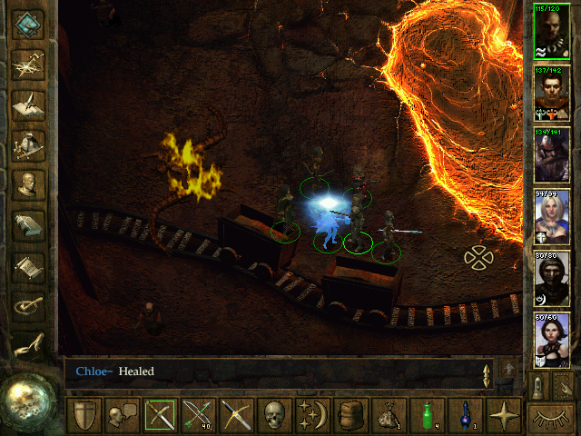 Icewind Dale (Windows) screenshot: A lot of games need to have an mines area. Lava is not exactly uncommon, either. Using my Cleric to cast a healing spell