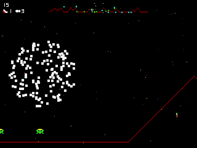 Defender (Windows 3.x) screenshot: The typical blocky explosions are here, just like the original