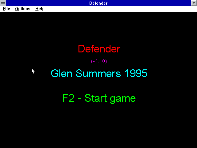 Defender (Windows 3.x) screenshot: The game's title screen