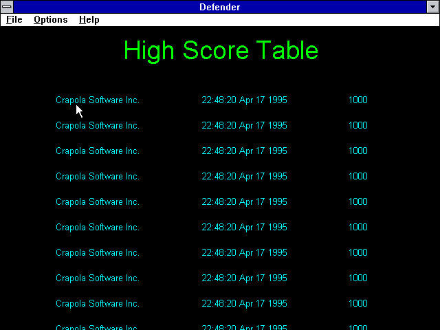 Defender (Windows 3.x) screenshot: The game comes with a pre-populated high score table