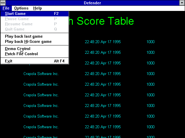 Defender (Windows 3.x) screenshot: The game records the player's last game which is a nice touch
