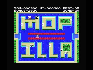 Mopiranger (MSX) screenshot: Save the young Moplits as fast as you can to receive a time bonus!