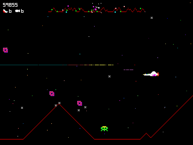 Defender (Windows 3.x) screenshot: These pink cube things lay little mines all over the place<br>Not very sporting is it?