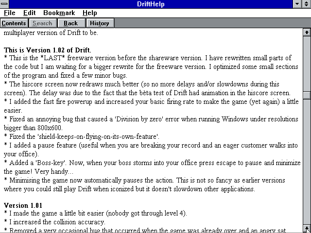 Drift (Windows 3.x) screenshot: There is in-game help which is accessed via the menu bar. It opens in a new window