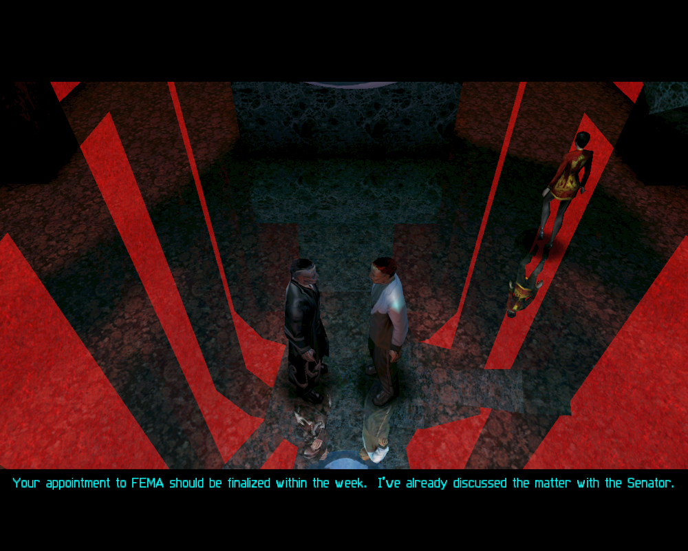 Deus Ex (Windows) screenshot: The short, terse intro sets the stage for a complex futuristic conspiracy