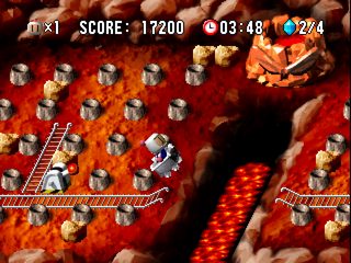 Bomberman World (PlayStation) screenshot: Jumping with the mining cart.