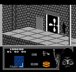 Last Ninja 2: Back with a Vengeance (NES) screenshot: Level 4, "The Office": The huge ventilator.<br> <i>Armakuni</i> is preventively glued to the wall not knowing how to surpass this obstacle. A strong air-stream pushes him out of the building.