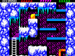 Rick Dangerous 2 (ZX Spectrum) screenshot: Level 2 - The Ice Caverns of Freezia: A turret fires some rolling shells. An attempt to explode it will demonstrate itself later to be futile.