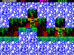 Rick Dangerous 2 (ZX Spectrum) screenshot: Level 3 - Forests of Vegetablia: triggered a "boulder trap" with an explosion.