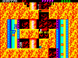 Rick Dangerous 2 (ZX Spectrum) screenshot: Level 4 - The Atomic Mud Mines: elevators... <i>guards, knights, Squires... Prepare For Battle</i>!!! (this is a famous quote from John Boorman's <i>Excalibur</i> by the way)