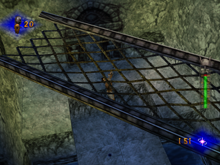 Akuji: The Heartless (PlayStation) screenshot: Hanging from the grid.