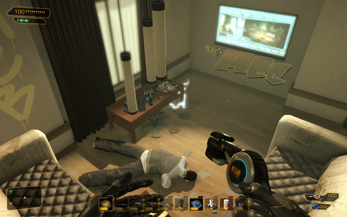 Deus Ex: Human Revolution (Windows) screenshot: The joy of Deus Ex - go into people's apartments, and have some fun. Sorry, I didn't kill this guy. I did shoot this energy thing right now, though