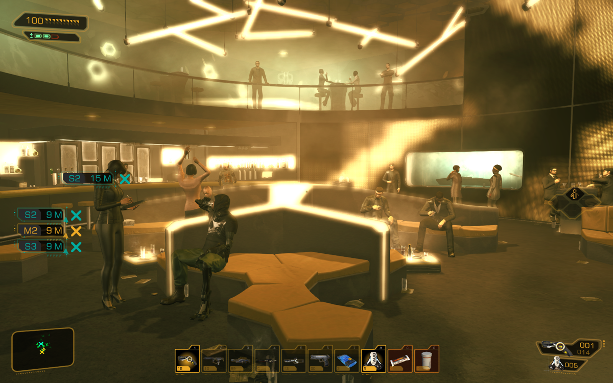 Deus Ex: Human Revolution (Windows) screenshot: A nightclub in Hengsha! Come for the drinks, stay for all those multicolored quest pointers. Thankfully, you can remove them