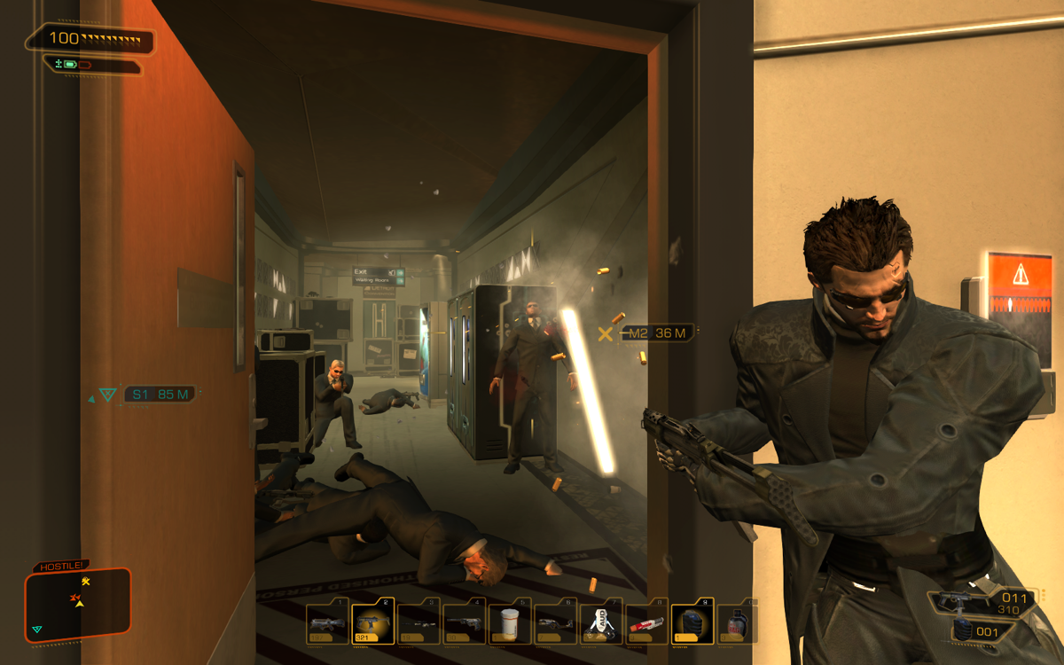 Deus Ex: Human Revolution (Windows) screenshot: Wow, now this looks cool. You can opt to shoot this way, but the accuracy will suffer somewhat