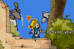 Lady Sia (Game Boy Advance) screenshot: Intro: Sia storms out to find the T'soas...but they ended up finding her first and locks her in a dungeon.