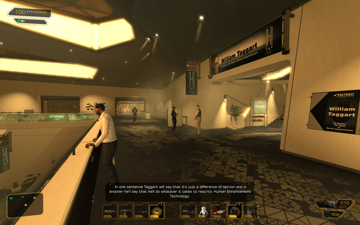Deus Ex: Human Revolution (Windows) screenshot: Detroit Convention Center. People engage in interesting conversations between themselves