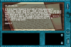 Nancy Drew: Message in a Haunted Mansion (Game Boy Advance) screenshot: Intro: Letter to Bess