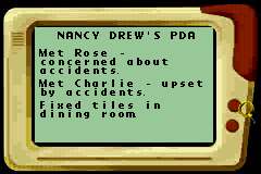 Nancy Drew: Message in a Haunted Mansion (Game Boy Advance) screenshot: Nancy's PDA - records what Nancy has done and what she needs to do.