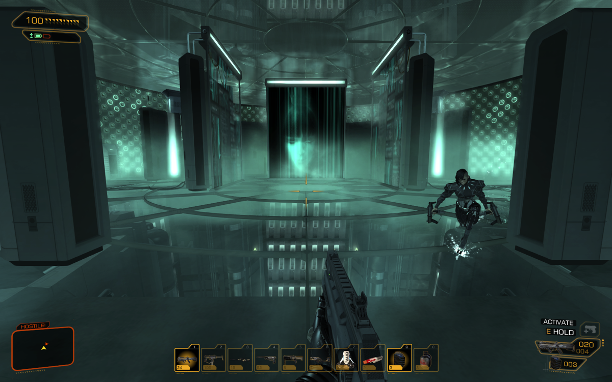 Deus Ex: Human Revolution (Windows) screenshot: The game's boss battles are controversial gameplay-wise - but they sure look cool! Nice area in Montreal to fight a maniacal augmented Russian lady in