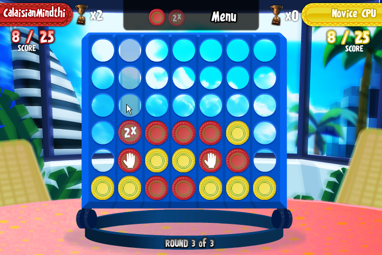 Connect 4 (Browser) screenshot: I will score 8 points, not 4, thanks to the 2x power-up.