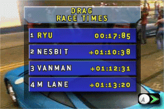 Need for Speed: Underground (Game Boy Advance) screenshot: The best times are displayed after each race event completed.