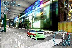 Need for Speed: Underground (Game Boy Advance) screenshot: Making a tight turn for the environs of a "shopping" (or something like that) with a Ford Focus ZX3.