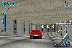 Need for Speed: Underground (Game Boy Advance) screenshot: The way to exit of this tunnel is close: follow the arrows!