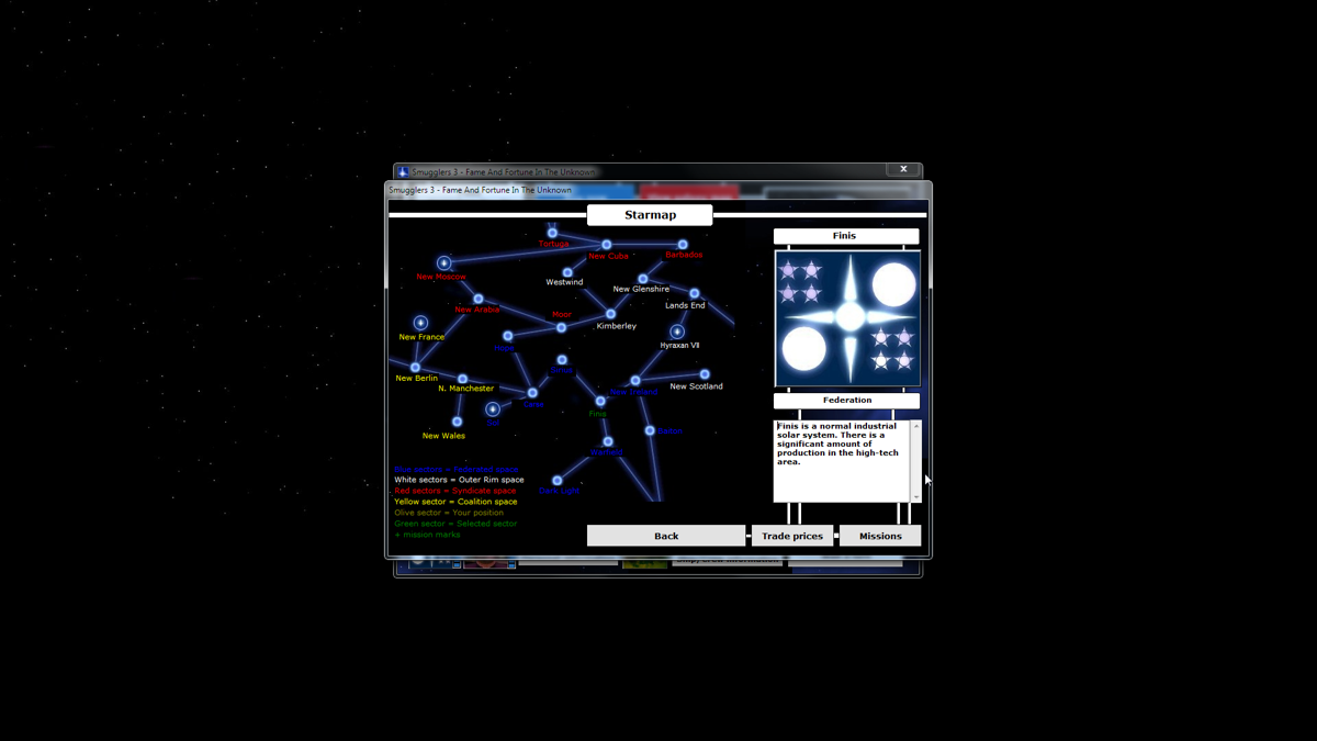 Smugglers 3 (Windows) screenshot: The star map shows the jump points connecting the star systems, the faction that owns them and the approximate prices of goods in them. (demo)