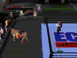 ECW Hardcore Revolution (PlayStation) screenshot: Fighting outside the ring.
