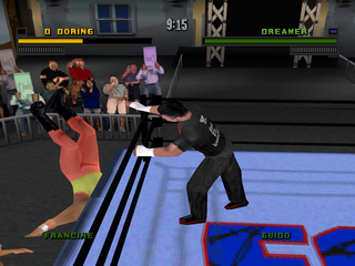 ECW Hardcore Revolution (PlayStation) screenshot: Throwing the guy out of the ring.